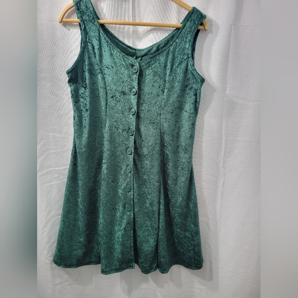 Vintage 80's Green Velvet Button-Down Mini Dress - Picture 2 of 8